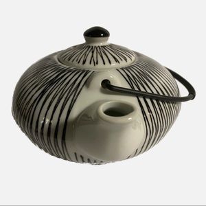 Pier 1 Alkina Vintage Black White Hand Painted Porcelain Teapot Wire Handle